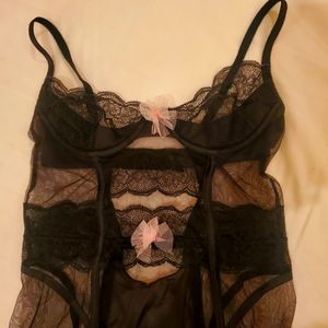 Black Lace Teddy with Baby Pink Bows - Size 36B Small